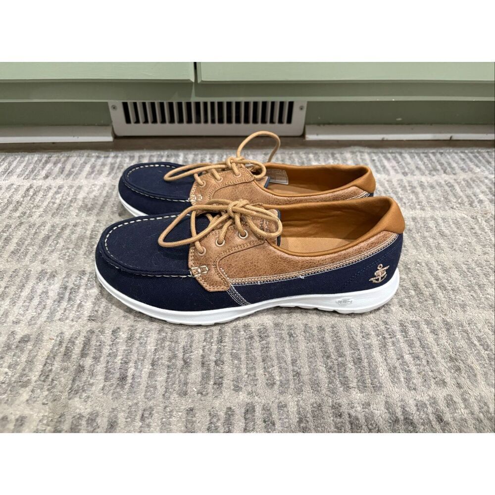 Skechers Mens Air Cooled Goga Mat Boat Shoes Lace-Up Comfort Navy Blue Size 8.5